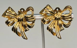 Vintage Signed Givenchy Paris York Gold Tone Bow Ribbon Clip On Earrings