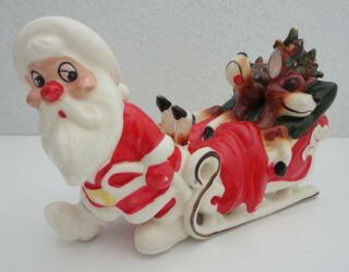 Vintage Kreiss Ceramic Santa Pulling Sleigh Of Drunk Reindeer Christmas Figurine