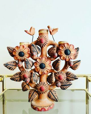 Vintage Mexican Pottery Folk Art Tree Of Life Pottery Candle Holder Birds Flower