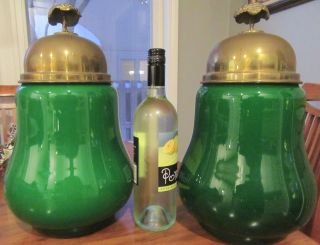 2 Unusual Large Italian Green Cased Glass Jars Sarreid Brass Tree Knobs Lid 15x9