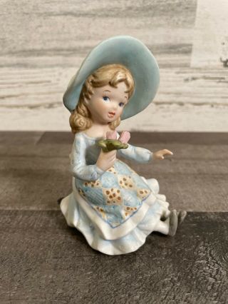Vintage Lefton Porcelain Figurine Girl With Flower And Hat 2729 Hand Painted
