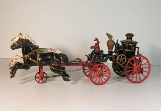 1890s Cast Iron Clockwork Wind Up Horse Drawn Fire Engine Pumper Truck By Ives