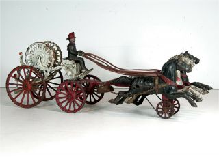 1890s Cast Iron Horse Drawn Fire Engine Hose Reel Wagon Toy By Dent 17.  5 Inches