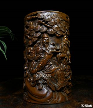 China Boxwood Wood Carved Guan Gong Guan Yu Figure Statue Pen Holder Brush Pot