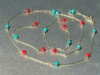 Vintage 14k Yellow Gold Necklace With Coral And Turquoise,  18 "