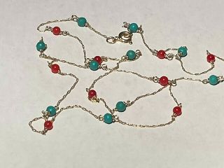 VINTAGE 14K YELLOW GOLD NECKLACE WITH CORAL AND TURQUOISE,  18 
