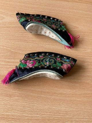 Antique 19th Century Chinese Embroidered Silk Lotus Shoes