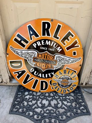 Large Vintage Harley Premium Quality 30” & 11.  5” Porcelain Signs Garage Shop