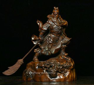 6 " Chinese Boxwood Wood Carved Dragon Warrior Guan Gong Yu God Hold Sword Statue