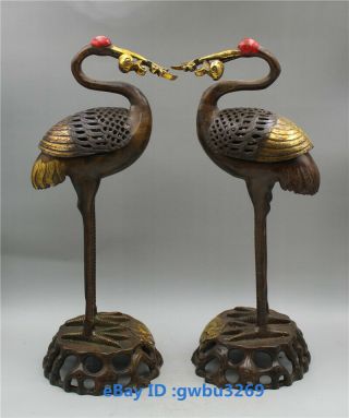 10 " Rare A Pair Chinese Bronze Copper Gilded Incense Burner Carved Crane Statues