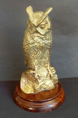 Vintage Brass Owl Ornament On Wooden Plinth 10.  25 " Inches 1535g Old Stock