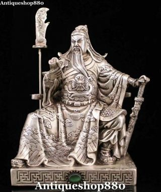 China Silver Dragon Guan Gong Yu Guangong Warrior Immortal God Hold Book Statue