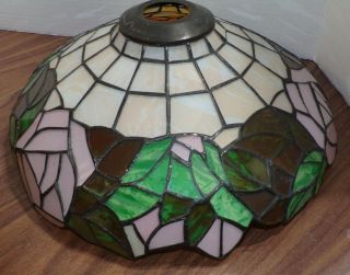 Vtg Tiffany Style Stained Glass Swag Lamp Shade Pink Roses 14 " W X 5 1/2 " H (flaw)