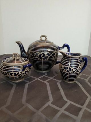 Vtg Lenox Cobalt Blue W/ Silver Overlay Tea Pot W/ Sugar Bowl & Creamer