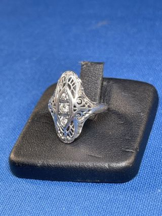 Vintage Art Deco 18k White Gold W Diamond Ladies Filigree Ring Sz 3