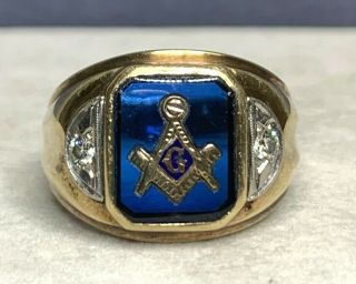 Vintage 14k Yellow Gold Blue Lodge Masonic Diamond Ring