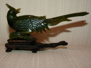 Vintage Chinese Hand Carved Jade Natural Stone Bird Statue With Wood Base