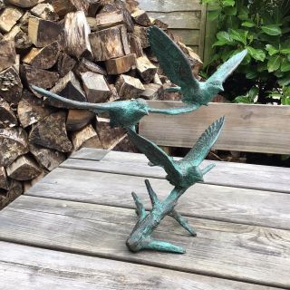 Old Vintage Bronzed Brass Verdigris Patina Large Bird In Flight Sculpture Figure