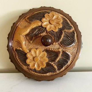 Vintage Hand Carved Wood Round Trinket Box With Flower Design