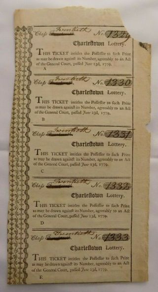 (5) Scarce 18th Century 1779 Charlestown Boston Massachusetts Lottery Tickets
