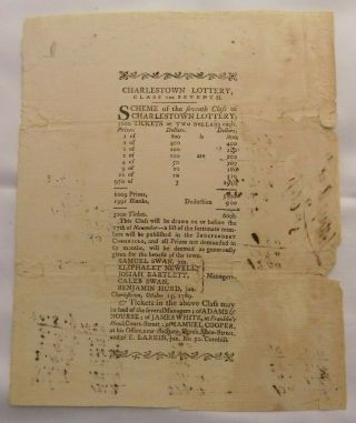 Scarce 18th Century 1789 Charlestown Boston Massachusetts Lottery Broadside