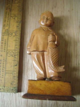 Chinese Cultural Revolution Boxwood Carving Of A Boy Holding Fish Carp