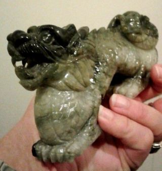 Chinese Jade Foo Dog Dragon Sculpture Hand Carved Heavy 2 Pounds Detailed