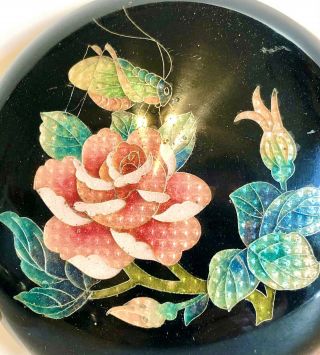 Gorgeous Vintage Enamel Trinket Box With Wonderful Detailed Rose & Grasshopper