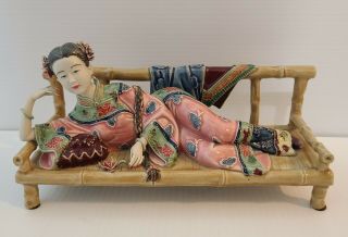 Rare Vintage Shiwan Chinese Porcelain Ceramic Woman Laying On Bench 10 " Figure