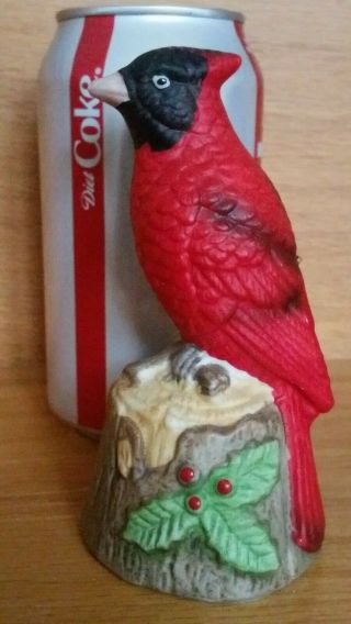 Vintage Bell Cardinal Red Bird On Tree Stump Bisque Porcelain By Jasco 4.  5 "