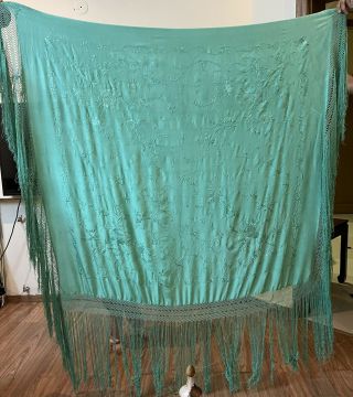 Antique Chinese Hand Embroidery Pure Silk Piano Shawl 126 X 136 Fringe 50 Cm