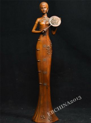 12 " Collect China Art Boxwood Wood Handcarved Ancient Girl Statue