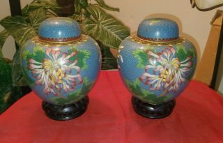 Vintage Chinese Blue Cloisonne Vases/urns Marriage 20th Century