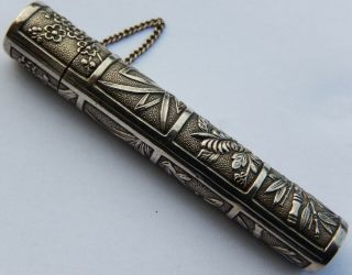 Exquisite Antique Japanese Solid Silver Needle Case; Early Showa era c1930 2