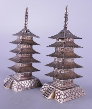 Fine Old Chinese Japanese Sterling Silver Pagoda Salt Pepper Shakers Set