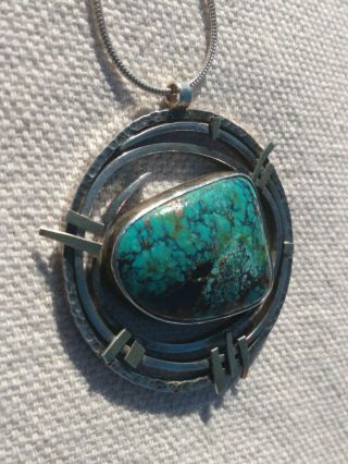 Vintage Ooak Artisan Webbed Turquoise Sterling & 18k Pendant Necklace (item 52)