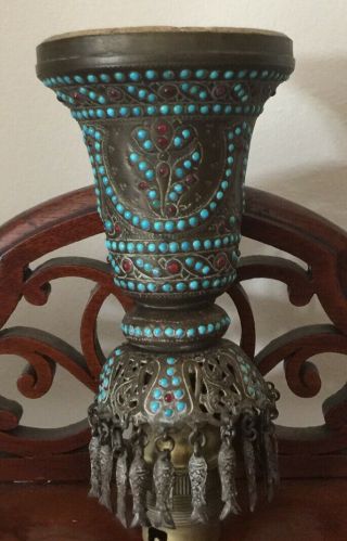 Antique Qajar Bejewelled Brass On Pottery Persian Hookah Pipe Cup