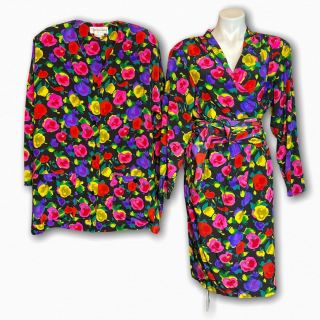 Diane Von Furstenberg Silk Floral Wrap Dress Sz 16,  Blazer Jacket Sz L Vtg Set