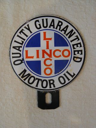 Vintage Linco Motor Oil 2 - Piece Porcelain Advertising License Plate Topper