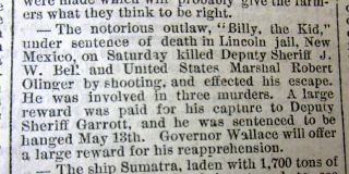 1881 Newspaper Mexico Outlaw Billy The Kid Kills His Jailers Escapes Hanging