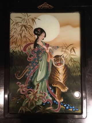 Vintage Chinese Reverse Painting On Glass Woman And Tiger
