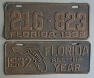 1932 Florida Fl License Plate 216823 With 1932 " Promotional " Front Plate