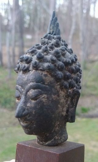 Small Antique Bronze Buddha Head Mounted - 19th Century Or Earlier