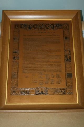 Vintage Declaration Of Independence Engraved Etched Brass Plaque Framed