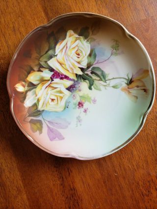 J C Louise Bavaria Hand Painted Collector Plate Yellow Roses With Gilt Edging.
