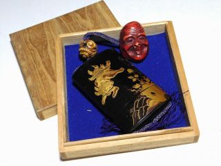 Makie Lacquer Inro W Noh Mask Netsuke Dragon Ojime Japan Meiji Antique