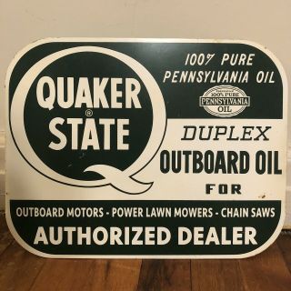 Vintage Quaker State Duplex Outboard Motor Oil Double Sided Flange Metal Sign