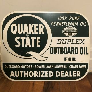 Vintage Quaker State Duplex Outboard Motor Oil Double Sided Flange Metal Sign 2