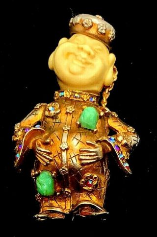 Vintage Signed Har Gold Tone Faux Ivory Rhinestone Faux Jade Standing Buddah Pin