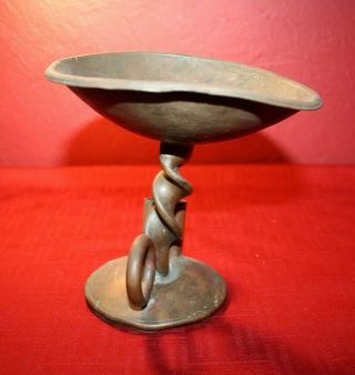 Antique Primitive Hand Forged Copper Lamp,  Mortar Bowl,  Or Candle Holder W/handle